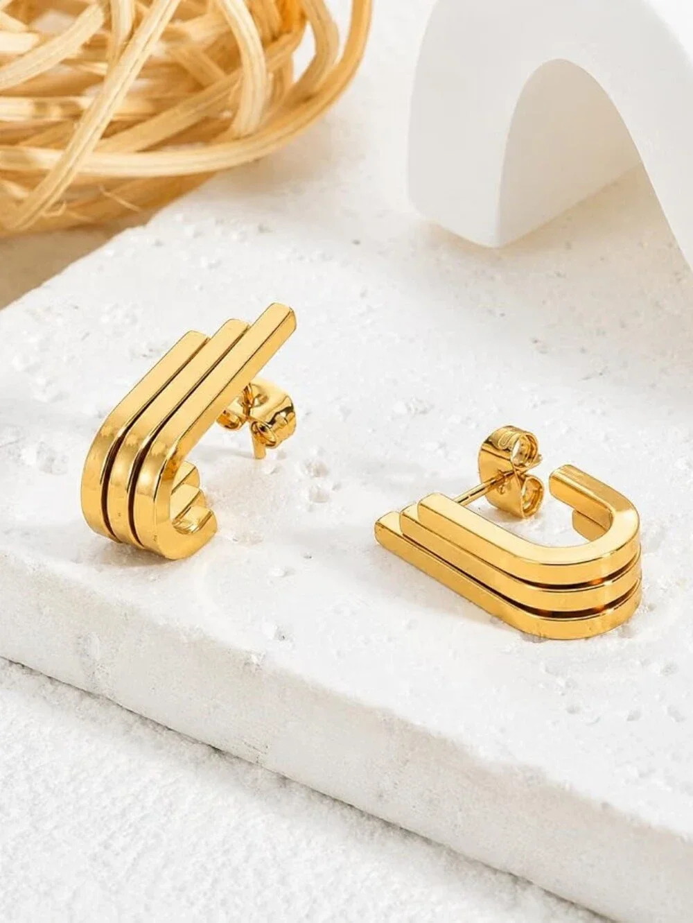 Geometric Gold Stud Earrings, Minimalist Layered U Shape Earrings